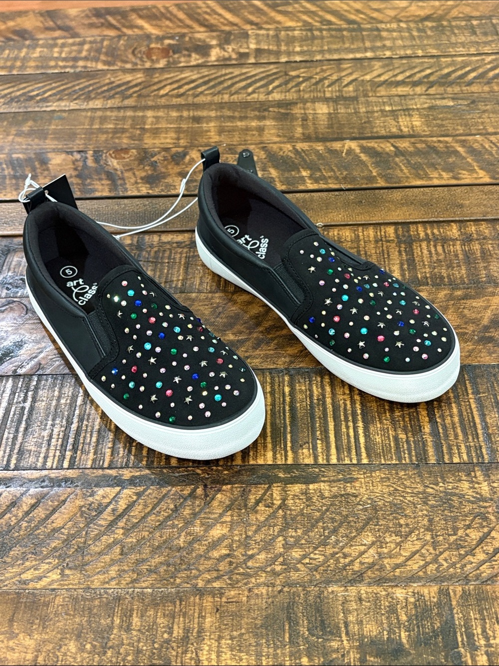 art class Black Slip-On Sneakers with Multicolor Studs and Stars